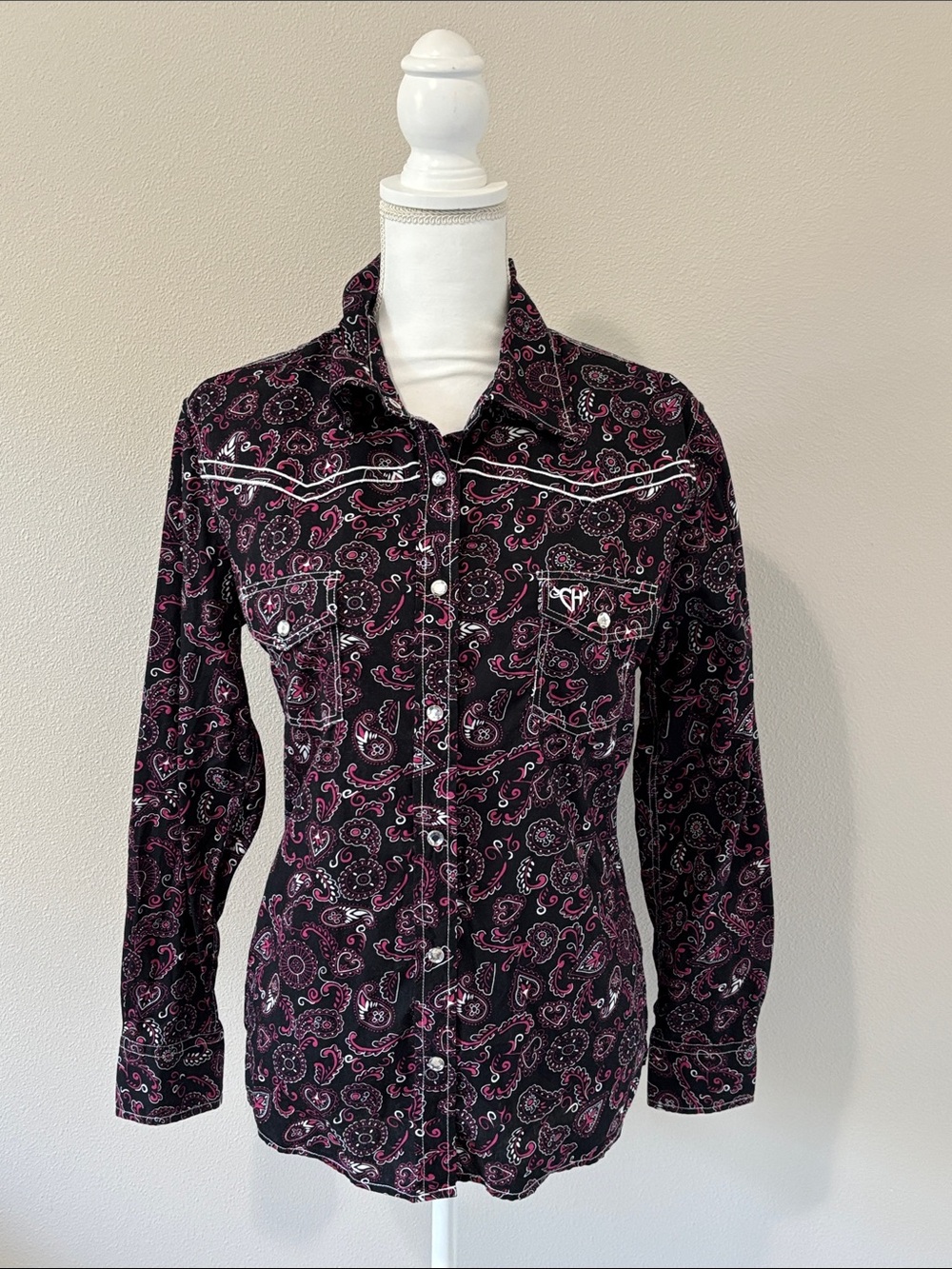 Cowgirl Hardware Black Pink Paisley Rhinestone Snap Western Shirt Medium